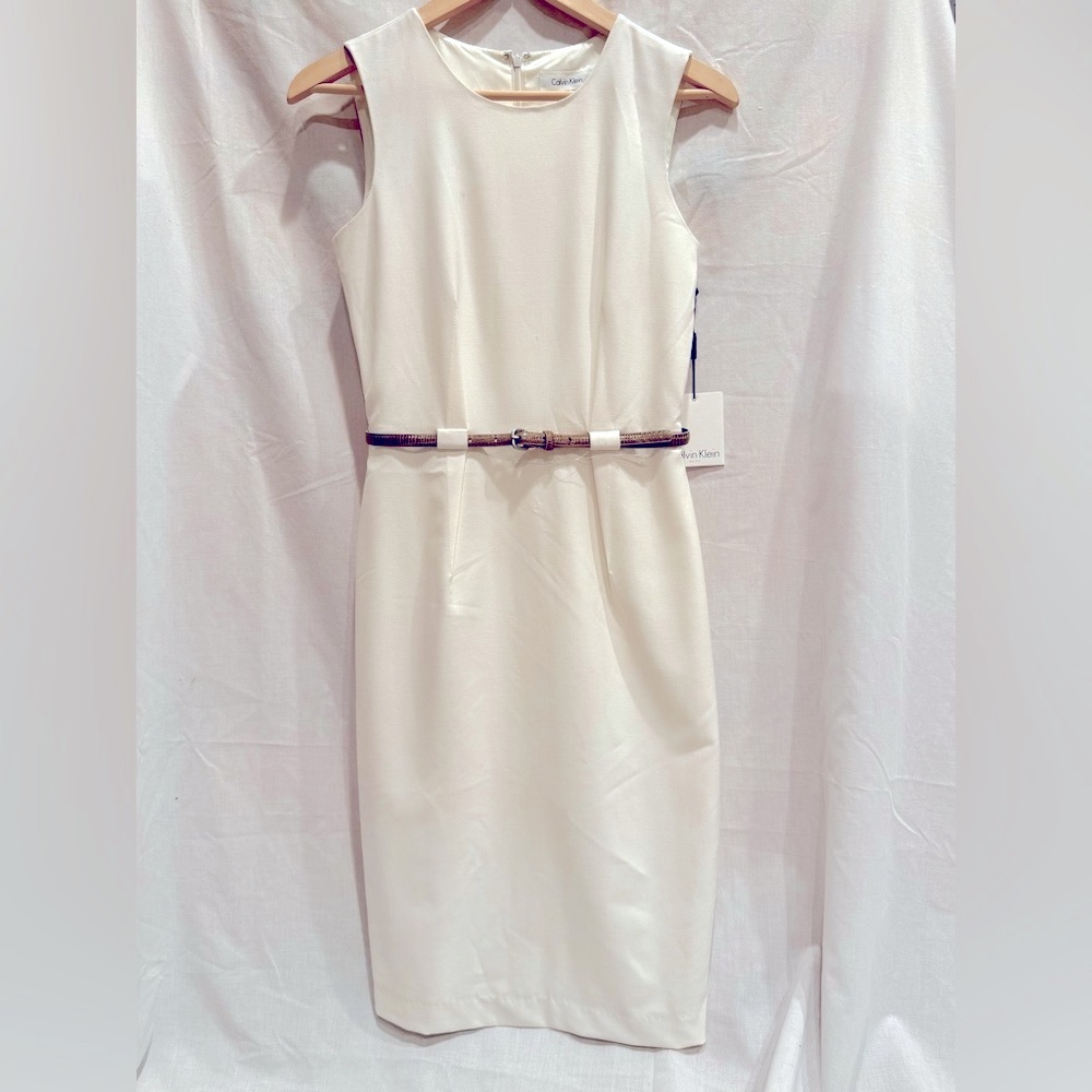 Calvin Klein Cream Sleeveless Sheath Dress w/ Faux Snake Belt- Size 0 NWT